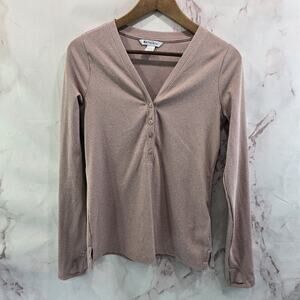 Athleta Shirt Womens Small Pink Uptempo Ribbed Henley V Long Light Pale